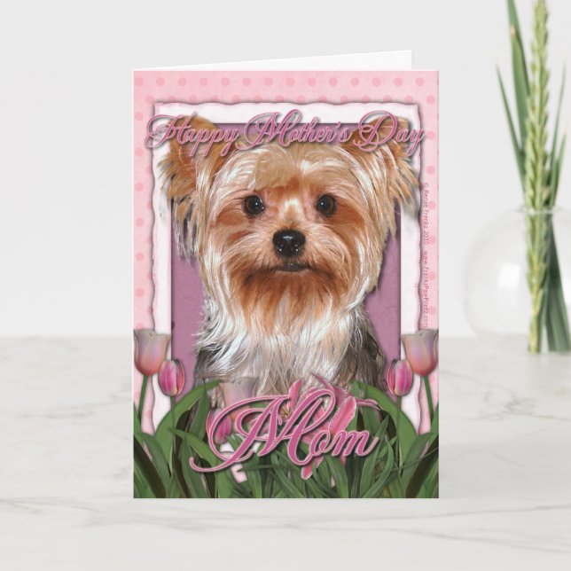 Muttertag - Pink Tulips - Yorkshire Terrier Karte (Vorderseite)