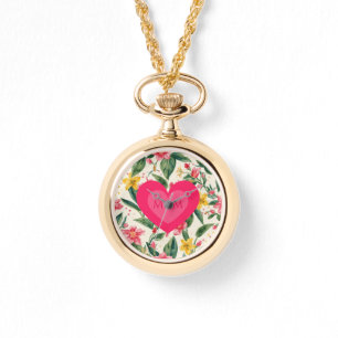 Muttertag, Rosa Liebesherz- und Blumenmuster Armbanduhr