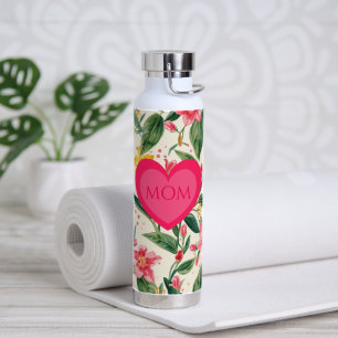 Muttertag, Rosa Liebesherz- und Blumenmuster Trinkflasche