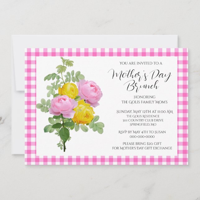 Muttertag rosa Rosen Brunch Einladung (Vorderseite)