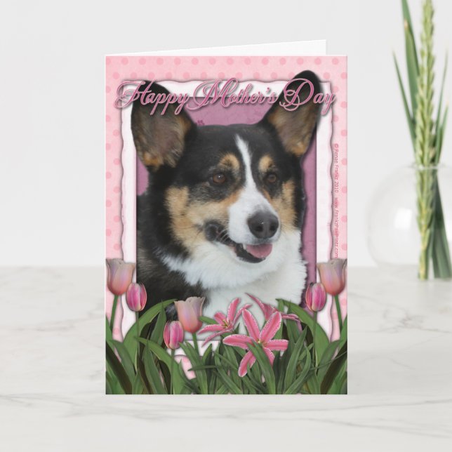 Muttertag - Rosa Tulips - Corgi Karte (Vorderseite)