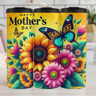 Muttertag: Sonnenblumen, Schmetterlinge, Freude Thermosbecher