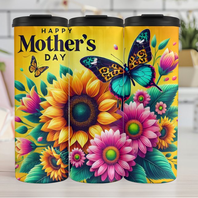 Muttertag: Sonnenblumen, Schmetterlinge, Freude Thermosbecher (Von Creator hochgeladen)