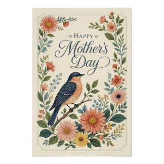Muttertag Vintage Blaumeise Wildblumengarten Poster