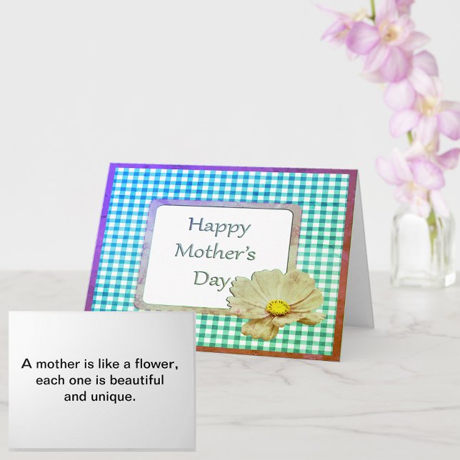 Muttertag Weiße Blume und Blauer Gingham Karte (Mother's Day White Flower and Blue Gingham Card)