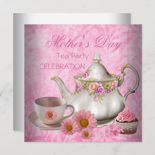 Muttertag Weißrosa Blumenkohl Tee Cupcake Einladung (Vorne/Hinten)