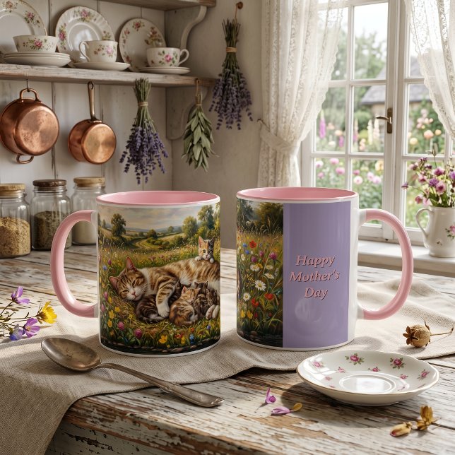 Muttertag-Wiesenkatze mit Kätzchen Tasse (Happy Mother's Day Gift Idea. Cottagecore style mom cat & kittens mug. Wildflower meadow mum gifts)