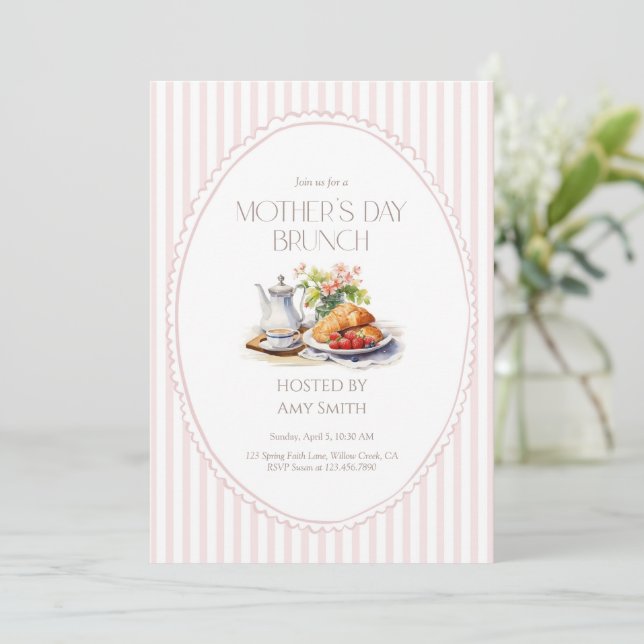 Muttertags-Brunch Rosa Streifen Frühstück Einladung (Stehend Vorderseite)