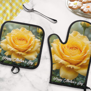 Muttertags-Gelb-Rosen-Blumen-Elegante Küche Ofenhandschuh & Topflappen-Set