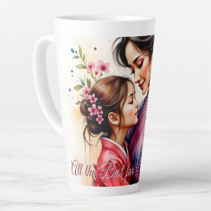 Muttertags-Kimono-Kunst mit floraler Umarmung Milchtasse
