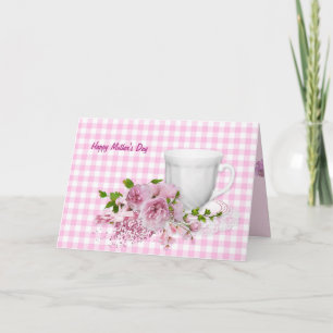 Muttertagsbecher und Untertasse mit rosa Pfannkuch Karte