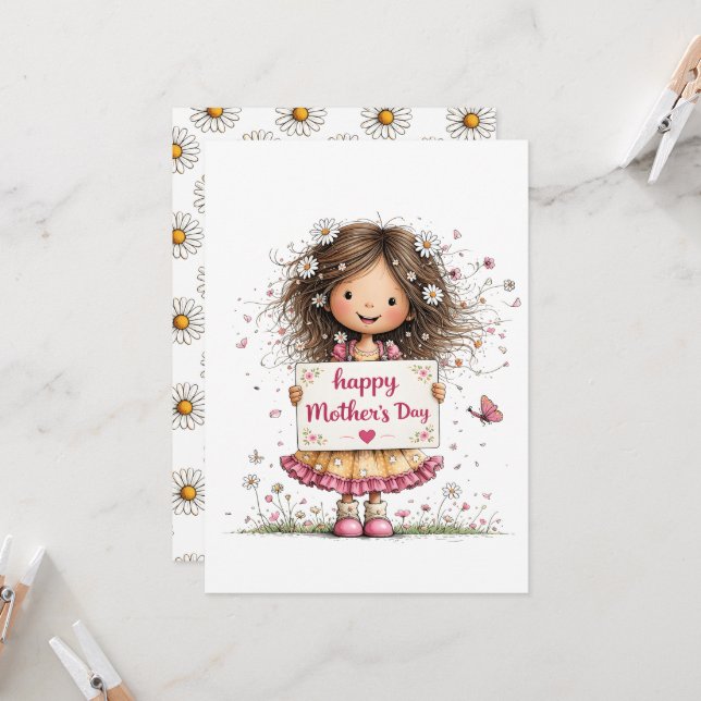 Muttertagskarte mit Kinderillustration & Gänseblüm (Vorderseite/Rückseite Beispiel)