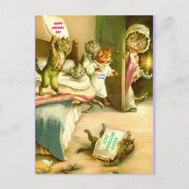 Muttertagskatze und Kätzchen, Vintage-Bild Postkarte (Vorderseite)