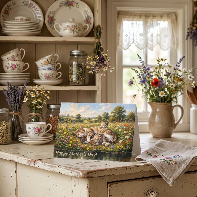 Muttertagskatze und -kätzchen Wildblume Karte (Cottagecore aesthetic Mother's Day Cute Cats & kittens Greeting cards. Wildflower Card for Mom)
