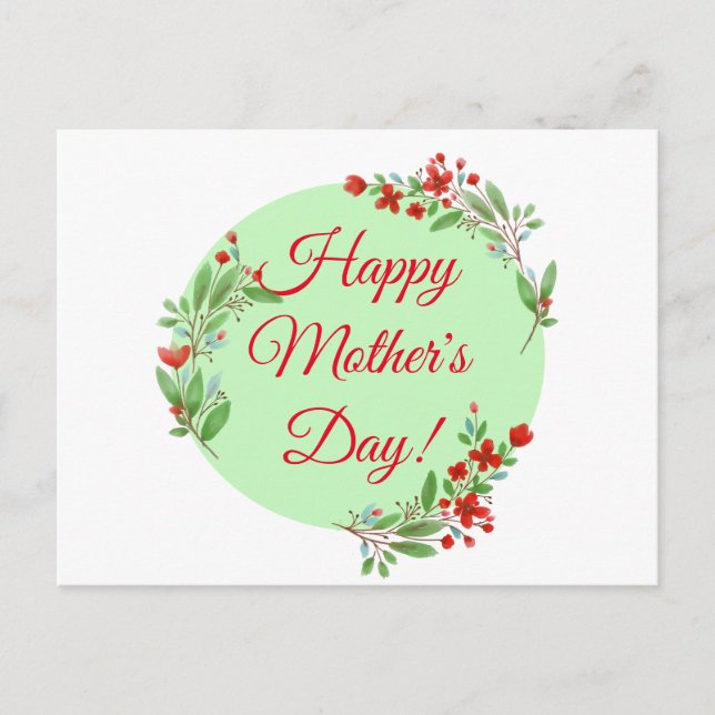 Muttertagsmuster rote Blume Aquarellgrün Postkarte (Vorderseite)