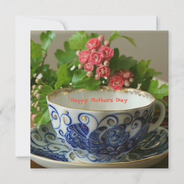 MuttertagTea Cup Kobalt-Blume Feiertagskarte (Vorderseite)