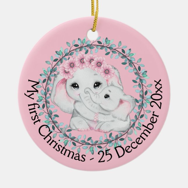 Muttertochter erster Weihnachts-Foto Elefant Keramik Ornament (Vorne)
