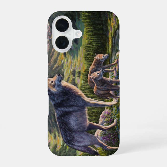 Mutterwolf & Welpen Bergfluss Tal iPhone 16 Hülle (Rückseite)