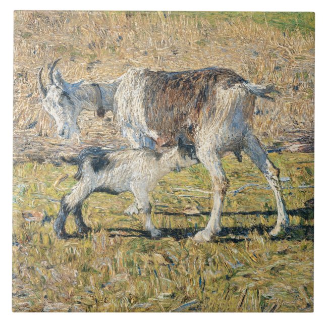 Mutterziege mit ihrem jungen Kind (von Segantini) Fliese (Vorderseite)