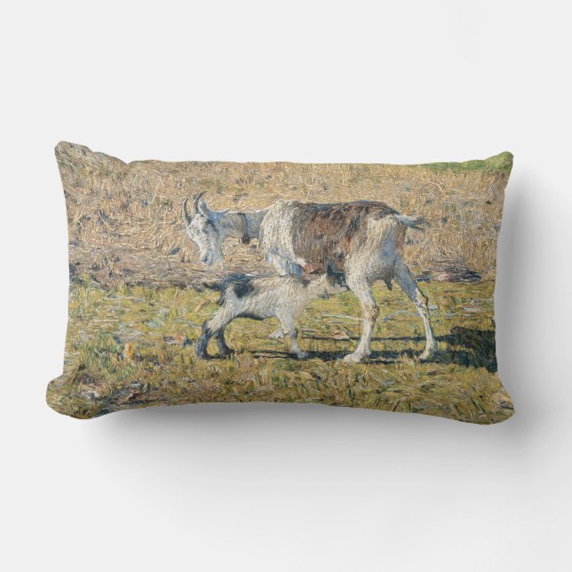 Mutterziege mit ihrem jungen Kind (von Segantini) Lendenkissen (Vorderseite)