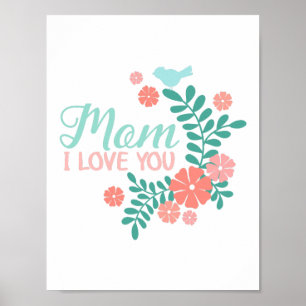 Mutti ich liebe dich Text, rosa Blumen, blaue Vöge Poster