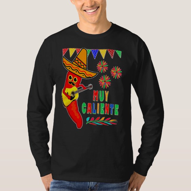 Muy Caliente Hot Pepper Play Guitar Cinco De Mayo T-Shirt (Vorderseite)
