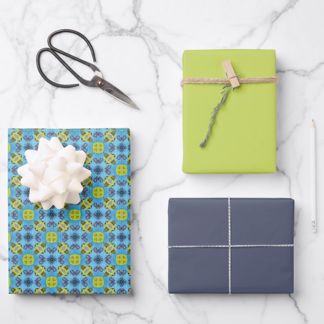 MVB Geo Sky Blue mit einer Touch gelben Designs Geschenkpapier Set (Vorderseite)