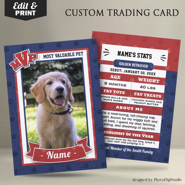 MVP Custom Pet Trading Cards Fun Dog Trading Card Telefonnummerkarte (MVP Custom Pet Trading Card, Clasic Red Blue Card, Therapy Dog Trading Card Template and Print)