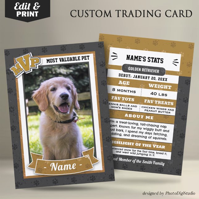 MVP Custom Pet Trading Cards Fun Dog Trading Card Telefonnummerkarte (MVP Custom Pet Trading Card, Clasic Gold Card, Therapy Dog Trading Card Template and Print)