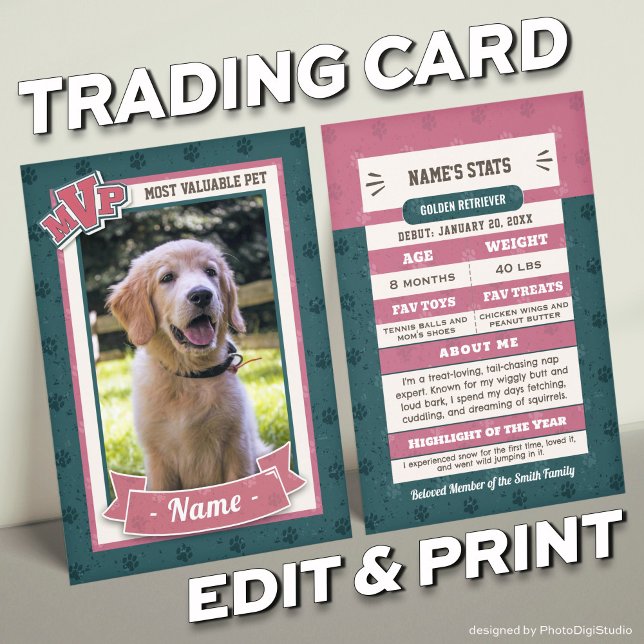 MVP Custom Pet Trading Cards Fun Dog Trading Card Telefonnummerkarte (MVP Custom Pet Trading Card Template and Print)