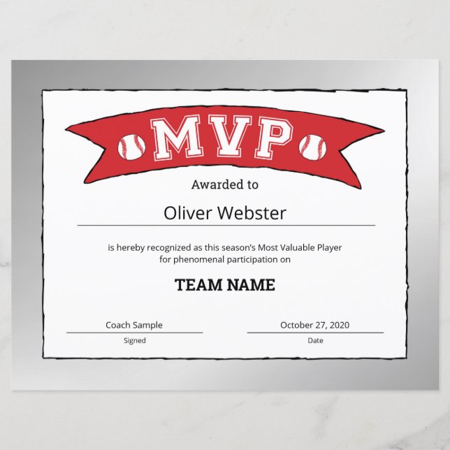 MVP Player - MVP-Zertifikate Baseball-Zertifikat (Vorderseite)