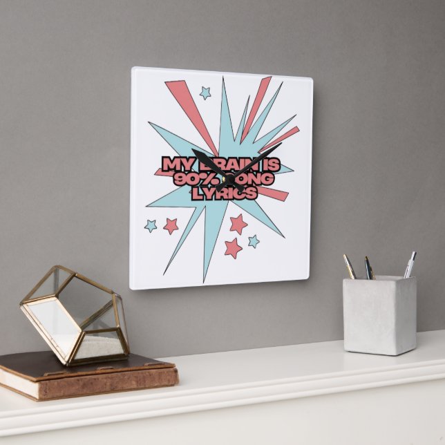 My Brain is 90% Song Lyrics – Funny Retro Pop Art Quadratische Wanduhr (Büro)