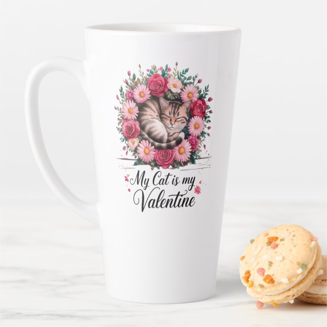 My Cat Is My Valentine Floral Cute Cat LoverDesign Milchtasse (Beispiel)
