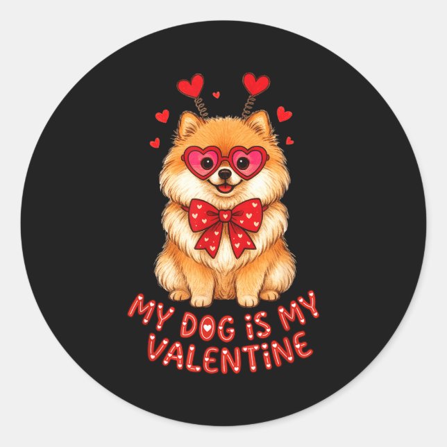 My Dog Is My Valentine Cute Meranian With Heart Gl Runder Aufkleber (Vorderseite)