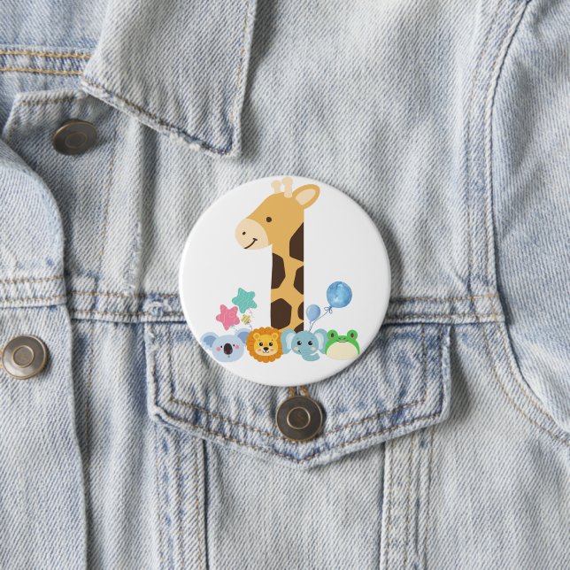 My First Birthday. Giraffe and Happy Animals Desig Button (Beispiel)