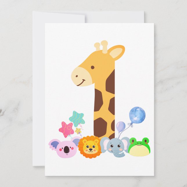 My First Birthday. Giraffe and Happy Animals Desig Dankeskarte (Vorderseite)