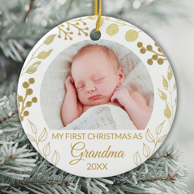 My First Christmas As Grandma Gold Foliage Photo Keramik Ornament (Von Creator hochgeladen)