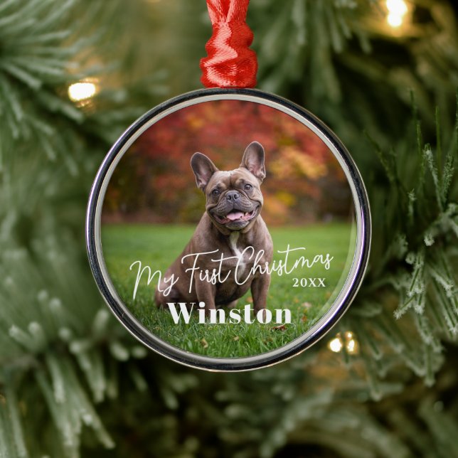 My First Christmas Custom Pet Name Photo Ornament Aus Metall (Baum)