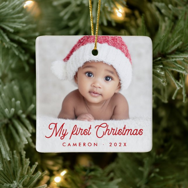 My first Christmas full baby photo name year Keramikornament (Baum)