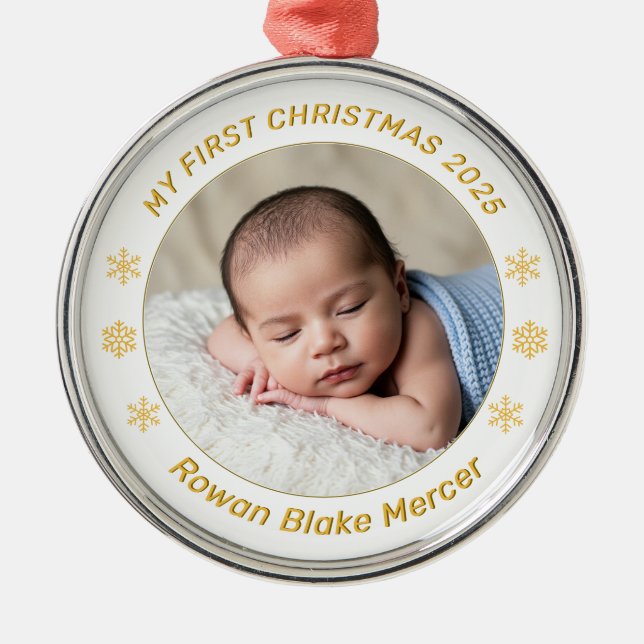 My First Christmas Gold Personalized Baby Photo  Ornament Aus Metall (Vorne)