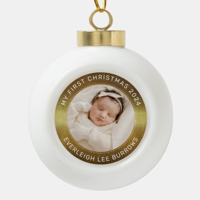 My First Christmas White Personalized Baby Photo  Keramik Kugel-Ornament (Vorderseite)