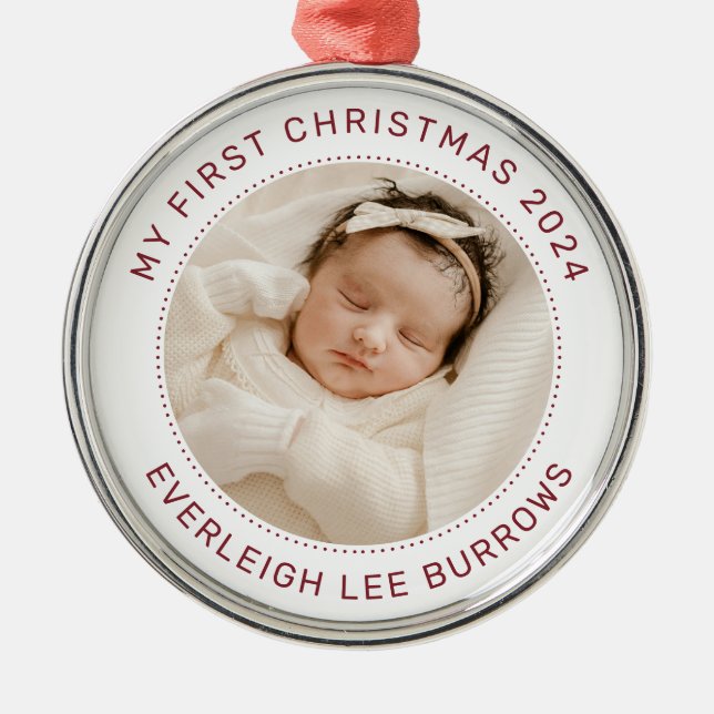 My First Christmas White Personalized Baby Photo  Ornament Aus Metall (Vorne)