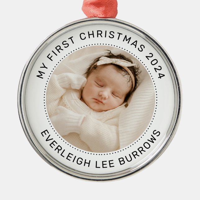 My First Christmas White Personalized Baby Photo  Ornament Aus Metall (Vorne)