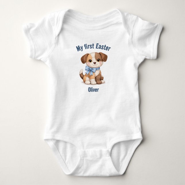My First Easter Patchwork Dog Baby T-Shirt Strampler (Vorderseite)
