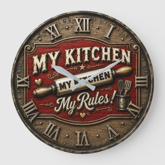 My Kitchen My Rules Rustic Farmhouse Rolling Pin Große Wanduhr (Vorderseite)