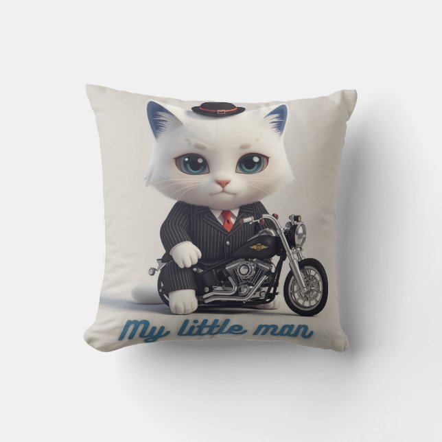 My Little Man Throw Pillow - Cute Kawaii Cat on Mo Kissen (Vorderseite)
