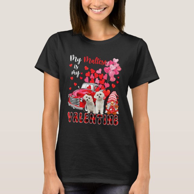 My Maltese Is My Valentine Two Dogs With Gnome Pic T-Shirt (Vorderseite)