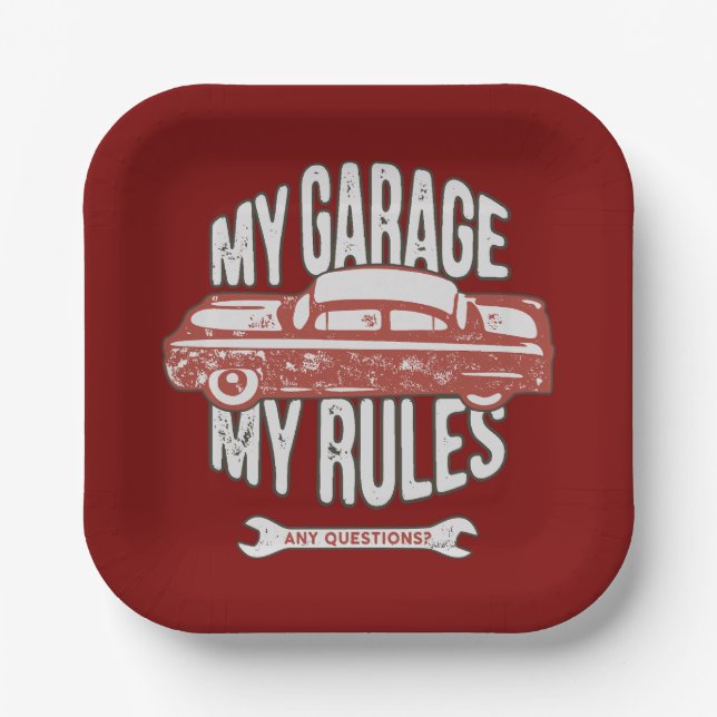 My Rules Classic Red Car Retro Mechanic Pappteller (Vorderseite)