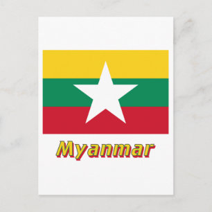 Myanmar-Flagge mit Namen Postkarte