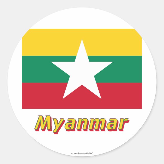 Myanmar-Flagge mit Namen Runder Aufkleber (Vorderseite)